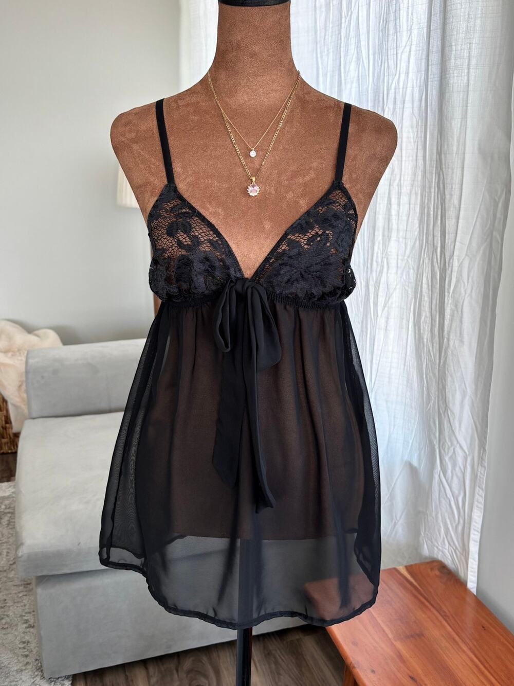 Blue Bella Black Babydoll Top Sheer Lace Bow Y2K Style Romantic Sleepwear Small